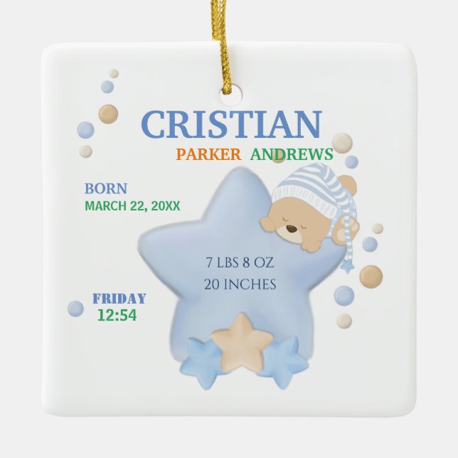 Niedliches Schlafen Teddy Bear Baby Boy Geburtsstu Keramikornament (Vorderseite)