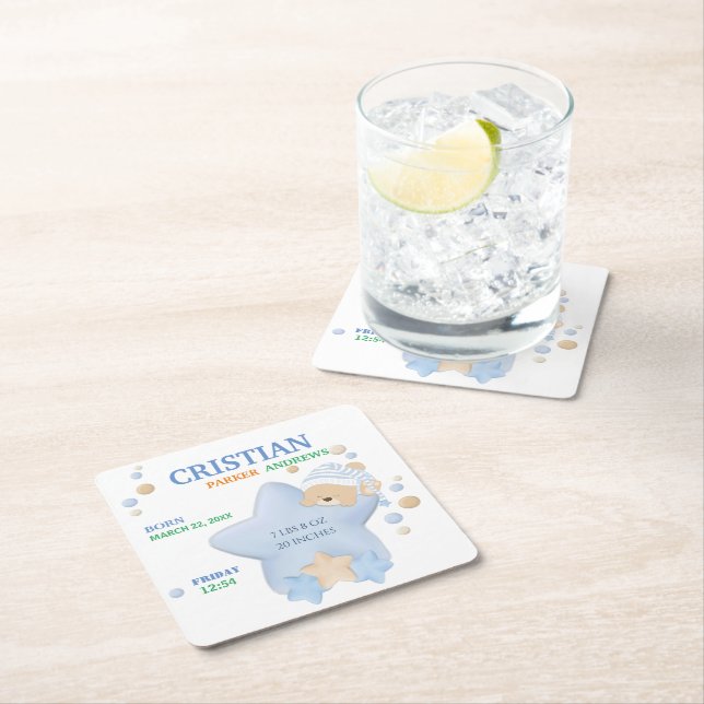 Niedliches Schlafen Teddy Bear Baby Boy Geburtsstu Rechteckiger Pappuntersetzer (Vor Ort)