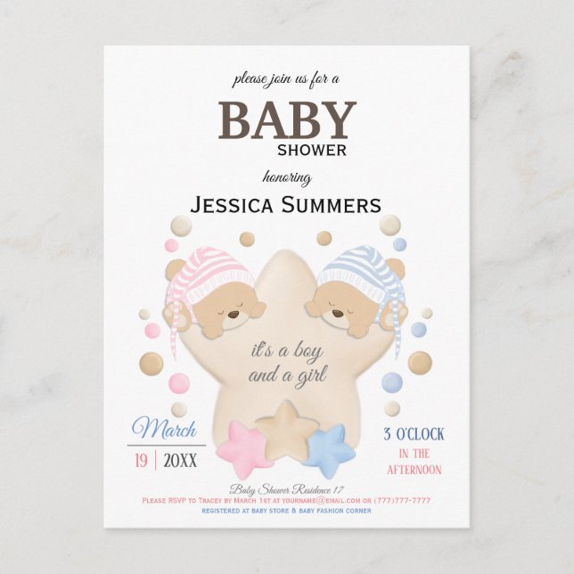 Niedliches Schlafen Teddy Bear Twins Kinderdusche  Einladungspostkarte (Vorderseite)