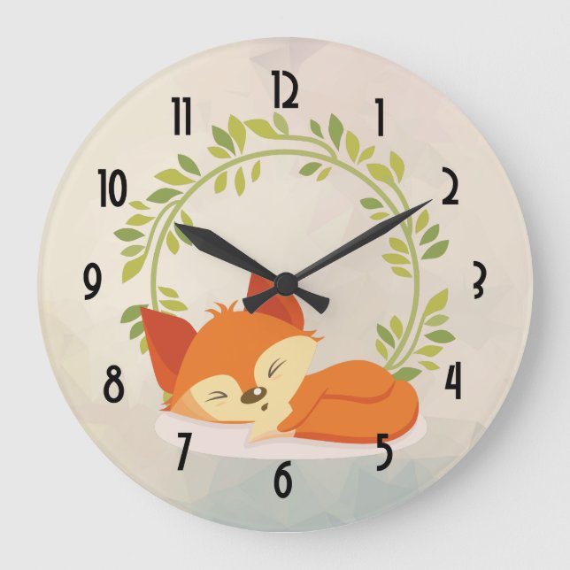 Niedliches Schlafenorange Fox mit grünem Große Wanduhr (Vorderseite)