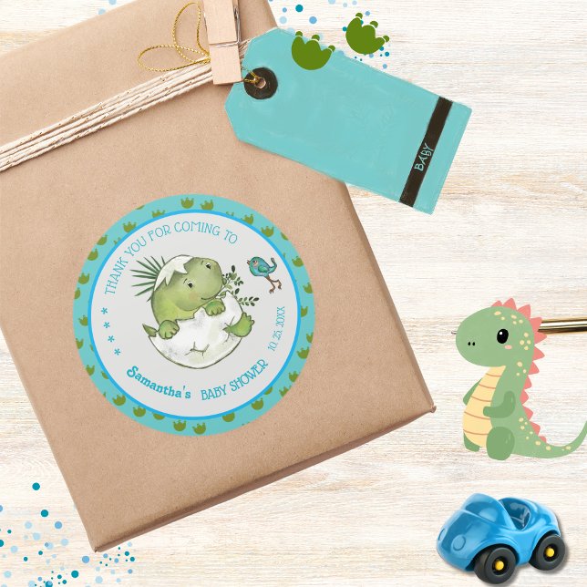 Niedliches Schlägen Dino Custom Baby Dusche Vielen Runder Aufkleber (Cute Hatching Dino Custom Baby Shower Thank You Classic Round Sticker)