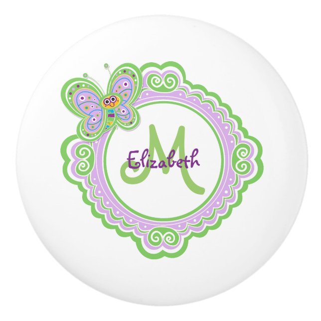 Niedliches Schmetterlingsmonogramm Keramikknauf (Vorderseite)