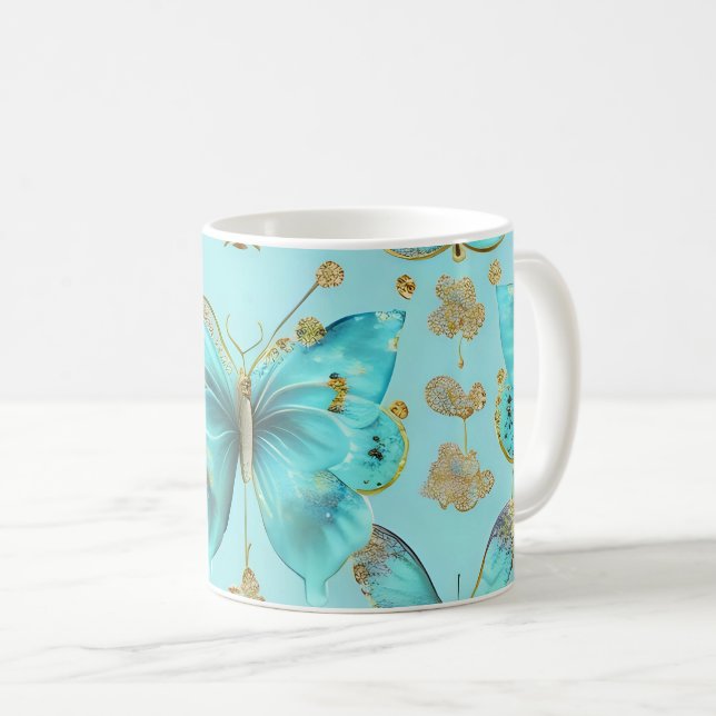 Niedliches Schmetterlingsmuster auf blauem Hinterg Kaffeetasse (VorderseiteRechts)