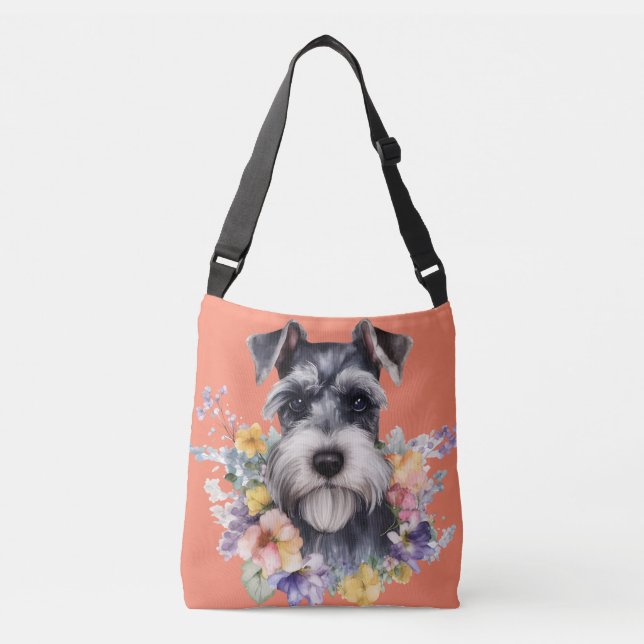 Niedliches Schnauzer-Portrait mit Blume Tragetaschen Mit Langen Trägern (Vorderseite)