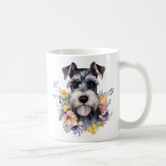 Niedliches Schnauzer-Portrait mit Flown Kaffeetasse (Rechts)