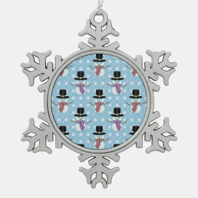 Niedliches Schneemann-Muster Schneeflocken Zinn-Ornament (Vorderseite)