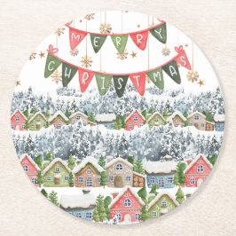 Niedliches Schneeweihdorf Runder Pappuntersetzer