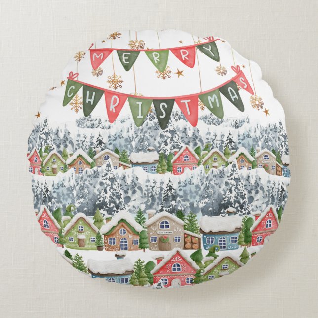 Niedliches Schneeweihdorf Rundes Kissen (Vorderseite)