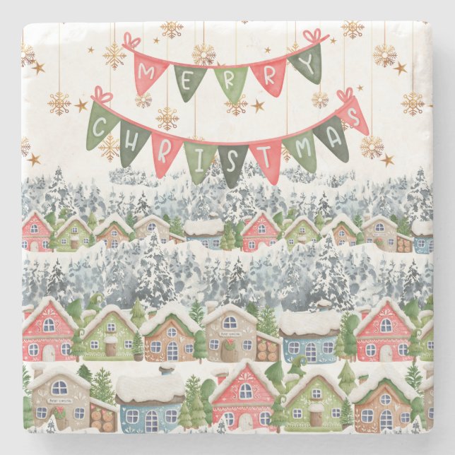 Niedliches Schneeweihdorf Steinuntersetzer (Vorderseite)