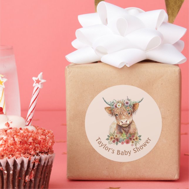 Niedliches schottisches Hochland Kuh Aquarell Pink Runder Aufkleber (Party)