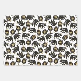 Niedliches Schwarz-Gold-Weihnachtsmuster Geschenkpapier Set