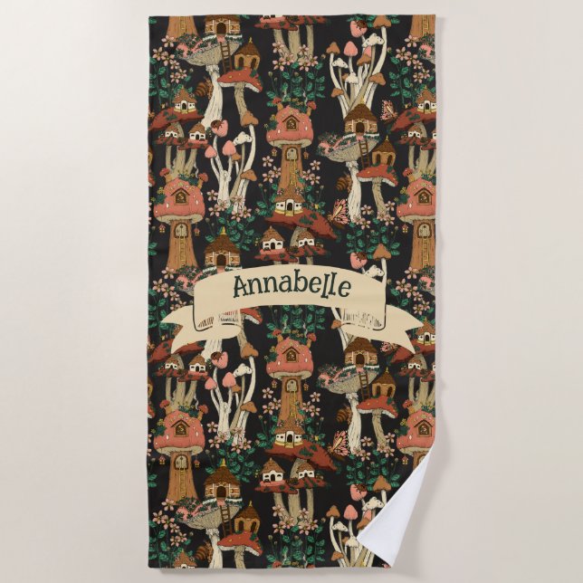 Niedliches Schwarz-Hütte-Core-Mushroom-Muster Strandtuch (Vorderseite)