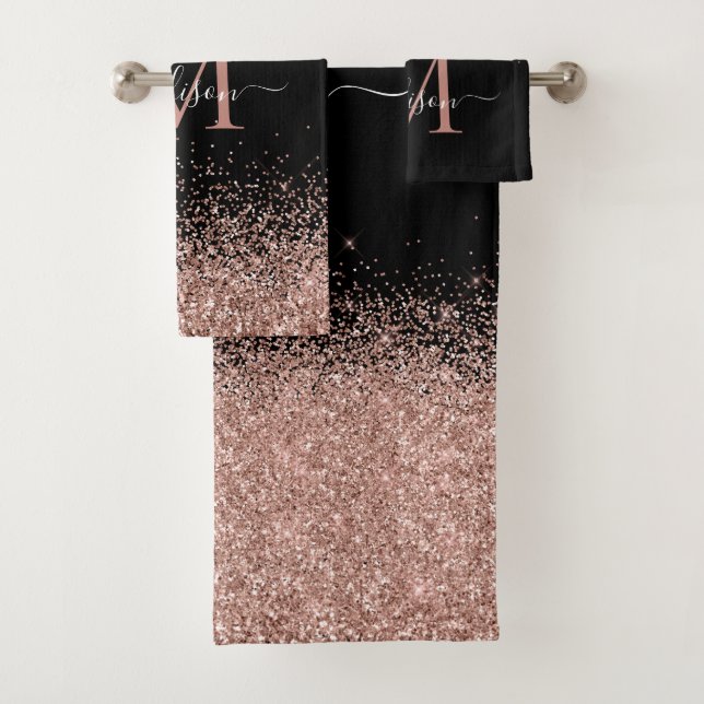 Niedliches Schwarz Rosa Rose Gold Glitzer Border M Badhandtuch Set (Insitu)