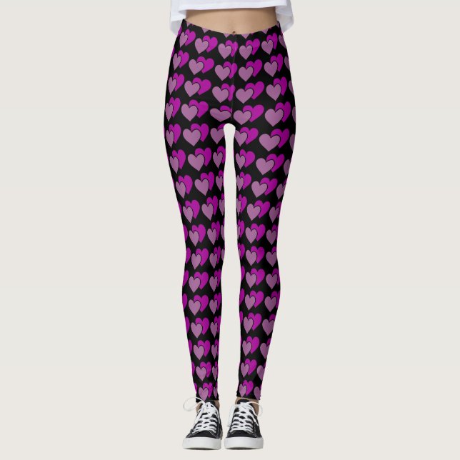 Niedliches Schwarz/Rosa und Lila Herzmuster Leggings (Vorderseite)
