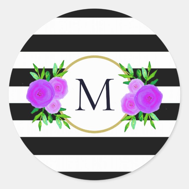 Niedliches Schwarz-weiß gestreiftes Lila florales  Runder Aufkleber (Vorderseite)