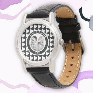 Niedliches Schwarz-Weiß-Herzmuster-Foto Armbanduhr