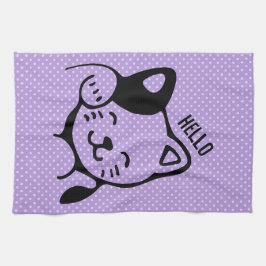 Niedliches Schwarz-Weiß-Katzenwellen Hallo Geschirrtuch