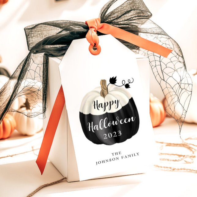 Niedliches Schwarz-Weiß-Kürbiskuchen glücklich Hal Geschenkanhänger (Cute Black And White Pumpkin Happy Halloween Gift Tags)