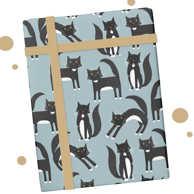 Niedliches Schwarz-Weiß-Tuxedo-Katzenmuster Geschenkpapier (Black and white Tuxedo Cat pattern gift wrap paper roll)