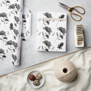 Niedliches Schwarz-Weiß-Wasserfarben-Blumenmuster Geschenkpapier