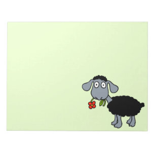 Niedliches schwarze Schaf-Cartoon-Lamm mit roter Notizblock