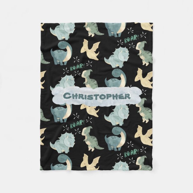 Niedliches Schwarzes Dinosaurier-Muster Fleecedecke (Vorderseite)