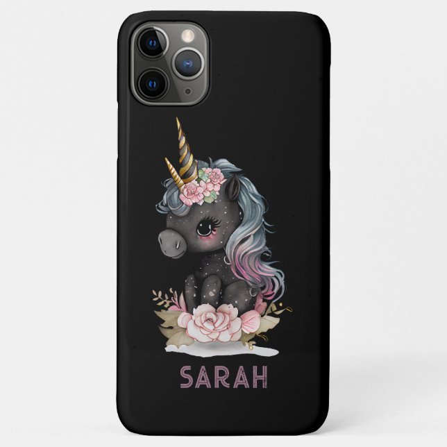 Niedliches Schwarzes Einhorn mit Blume Wasserfarbe Case-Mate iPhone Hülle (Rückseite)