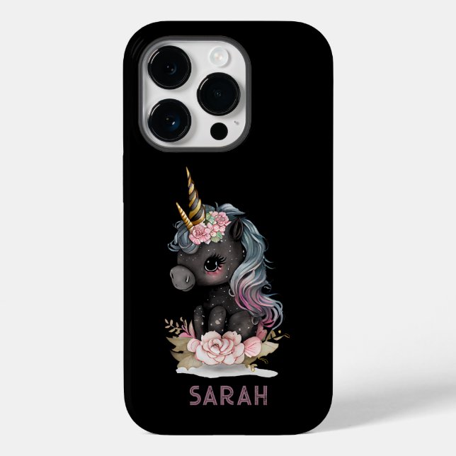 Niedliches Schwarzes Einhorn mit Blume Wasserfarbe Case-Mate iPhone Hülle (Rückseite)