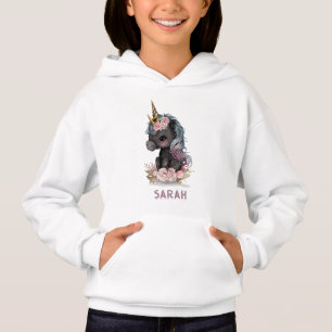 Niedliches Schwarzes Einhorn mit Blume Wasserfarbe Hoodie
