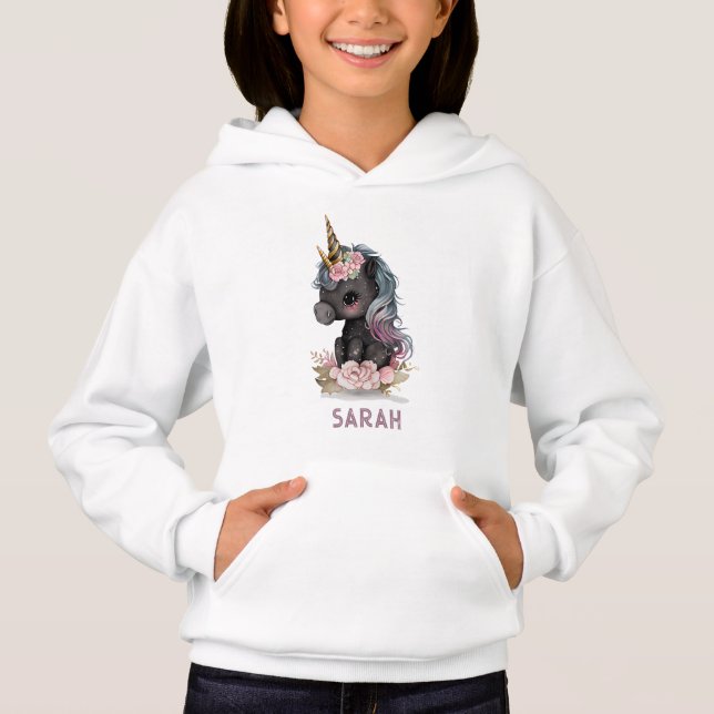Niedliches Schwarzes Einhorn mit Blume Wasserfarbe Hoodie (Vorderseite)