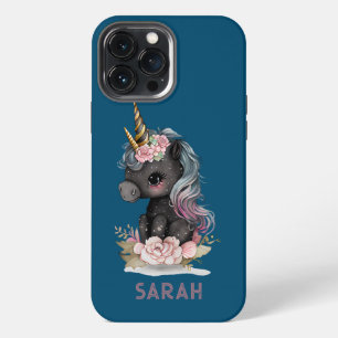 Niedliches Schwarzes Einhorn mit Blume Wasserfarbe iPhone 13 Pro Max Hülle