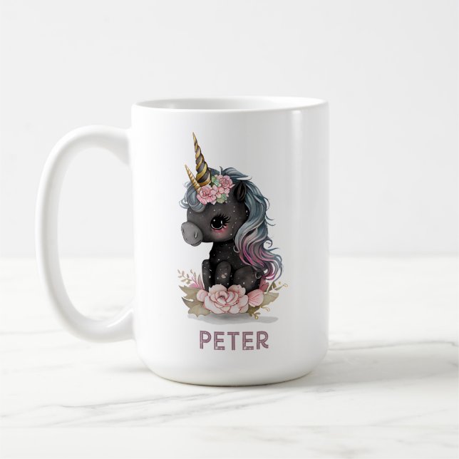Niedliches Schwarzes Einhorn mit Blume Wasserfarbe Kaffeetasse (Links)