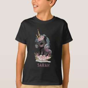 Niedliches Schwarzes Einhorn mit Blume Wasserfarbe T-Shirt