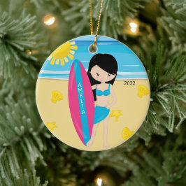 Niedliches Schwarzes Haar Surfer Girl Personalisie Keramik Ornament
