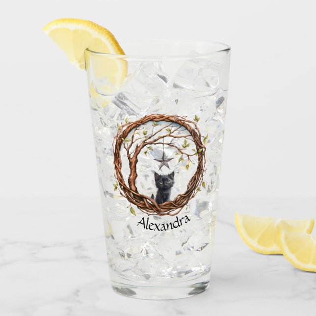 Niedliches Schwarzes Kätzchen beim Stern Glas (Vorderseite Ice)