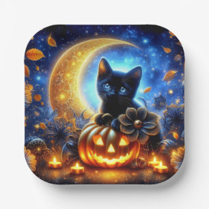 Niedliches schwarzes Kätzchen, Jack-o-Laterne und Pappteller