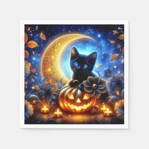 Niedliches schwarzes Kätzchen, Jack-o-Laterne und Serviette