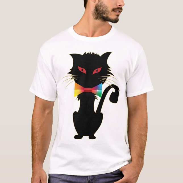 Niedliches Schwarzes Katzen Rote Augen Rainbow Col T-Shirt (Vorderseite)