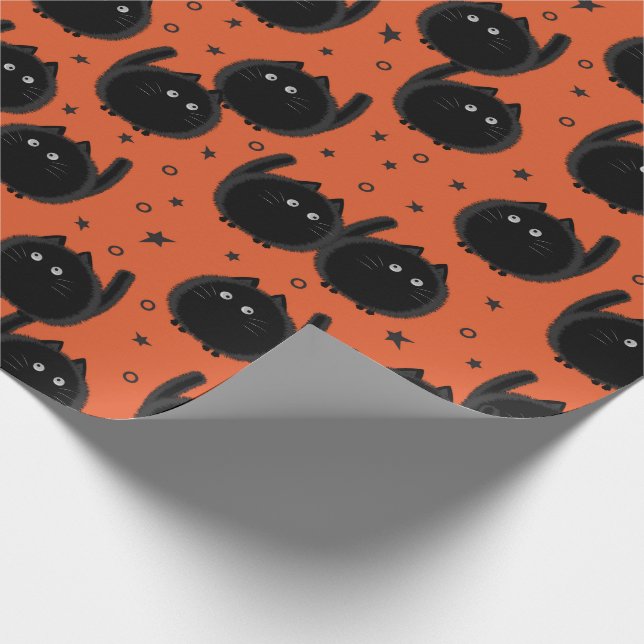 Niedliches Schwarzes Katzenfell Halloween Orange Geschenkpapier (Ecke)