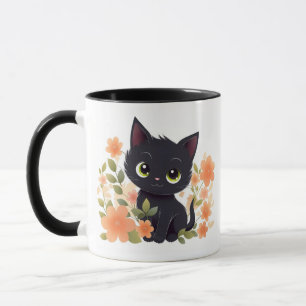 Niedliches Schwarzes Kitten mit Blume Tasse