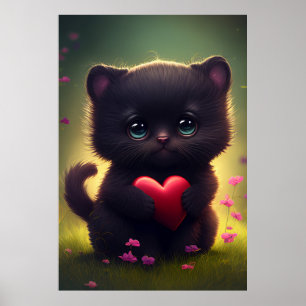 Niedliches Schwarzes Kitten mit Herz und Blume Poster