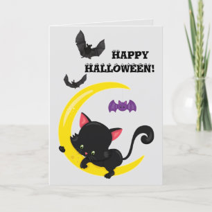 Niedliches Schwarzes Kitten und Mond KinderHallowe Karte
