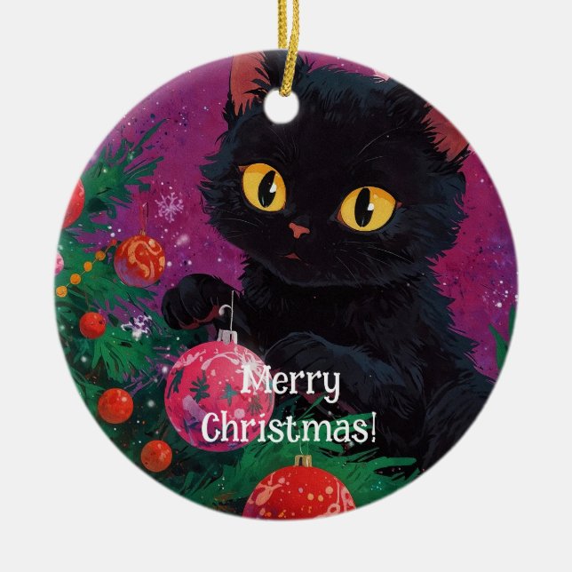 Niedliches Schwarzes Kitten und Weihnachtsbaum Keramik Ornament (Vorne)