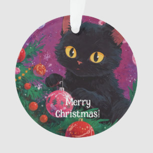 Niedliches Schwarzes Kitten und Weihnachtsbaum Ornament