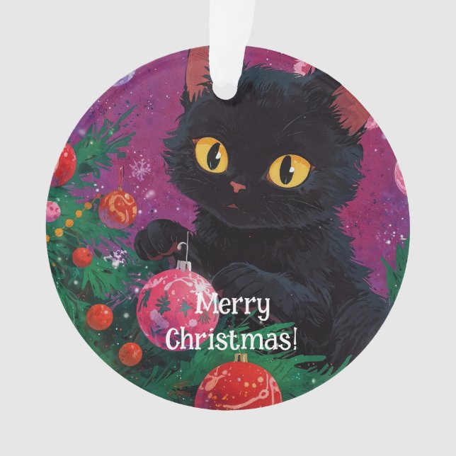 Niedliches Schwarzes Kitten und Weihnachtsbaum Ornament (Vorderseite)