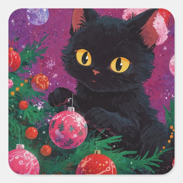 Niedliches Schwarzes Kitten und Weihnachtsbaum Quadratischer Aufkleber (Vorderseite)