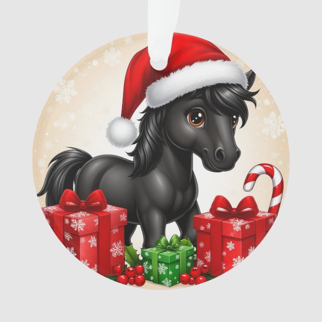 Niedliches Schwarzes Pony mit Weihnachtsmannmütze Ornament (Vorderseite)