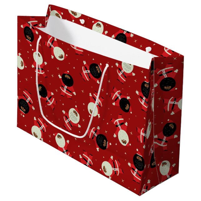 Niedliches Schwarzes Santa Party Muster auf rotem  Große Geschenktüte (Vorderseite Schrägansicht)
