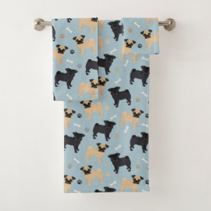 Niedliches Schwarzes und TAN-Mops-Muster Badhandtuch Set