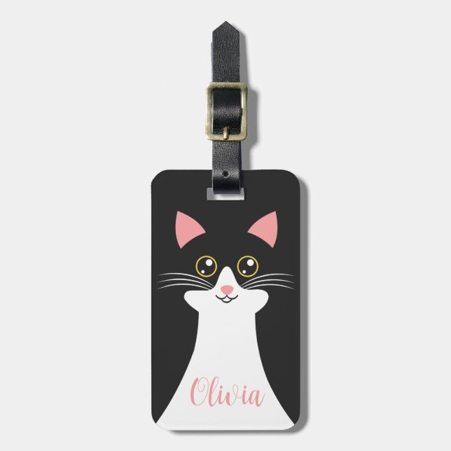 Niedliches Schwarzkatzenportrait Mitte des Jahrhun Gepäckanhänger (Vorderseite vertikal)